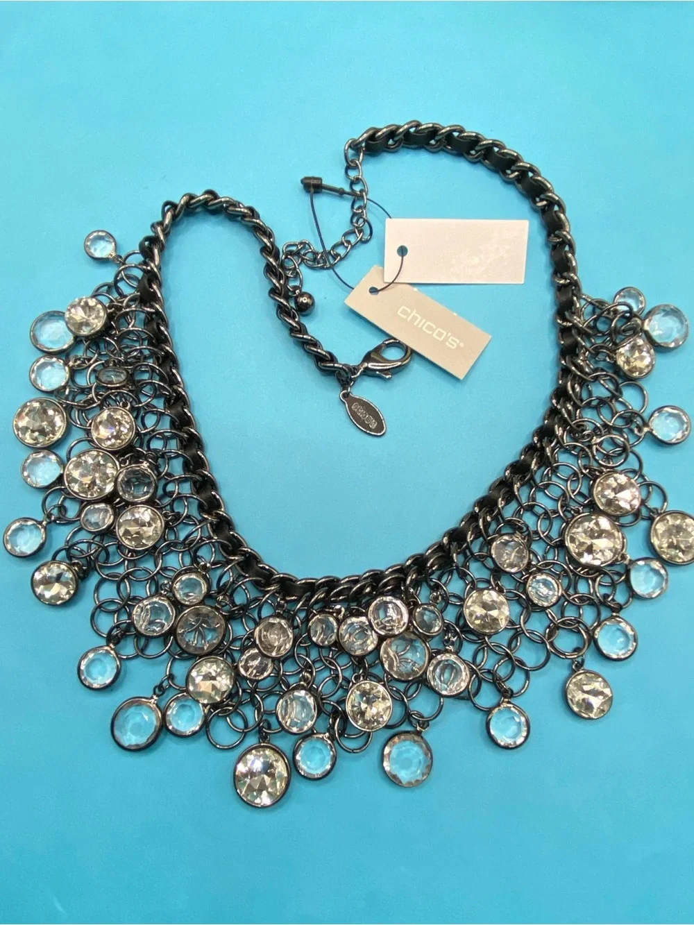 NWT CHICO’S Cha-Cha Necklace Bib Style Gunmetal Chain Link Crystal Rhinestones